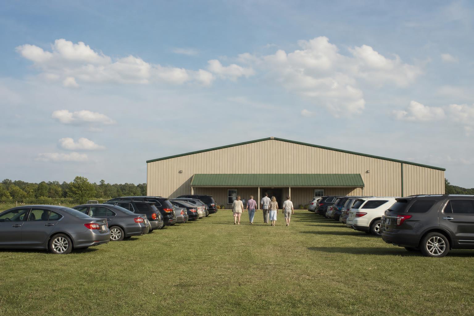 A large plain meeting building on a summer day with a field of parked cars