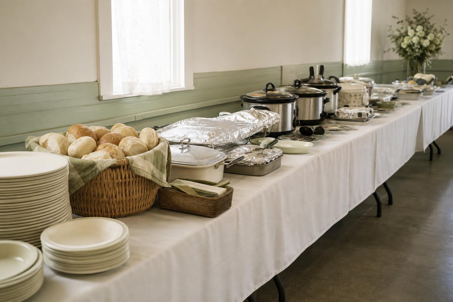 A long potluck serving line with slow cookers, casseroles, and baskets of rolls