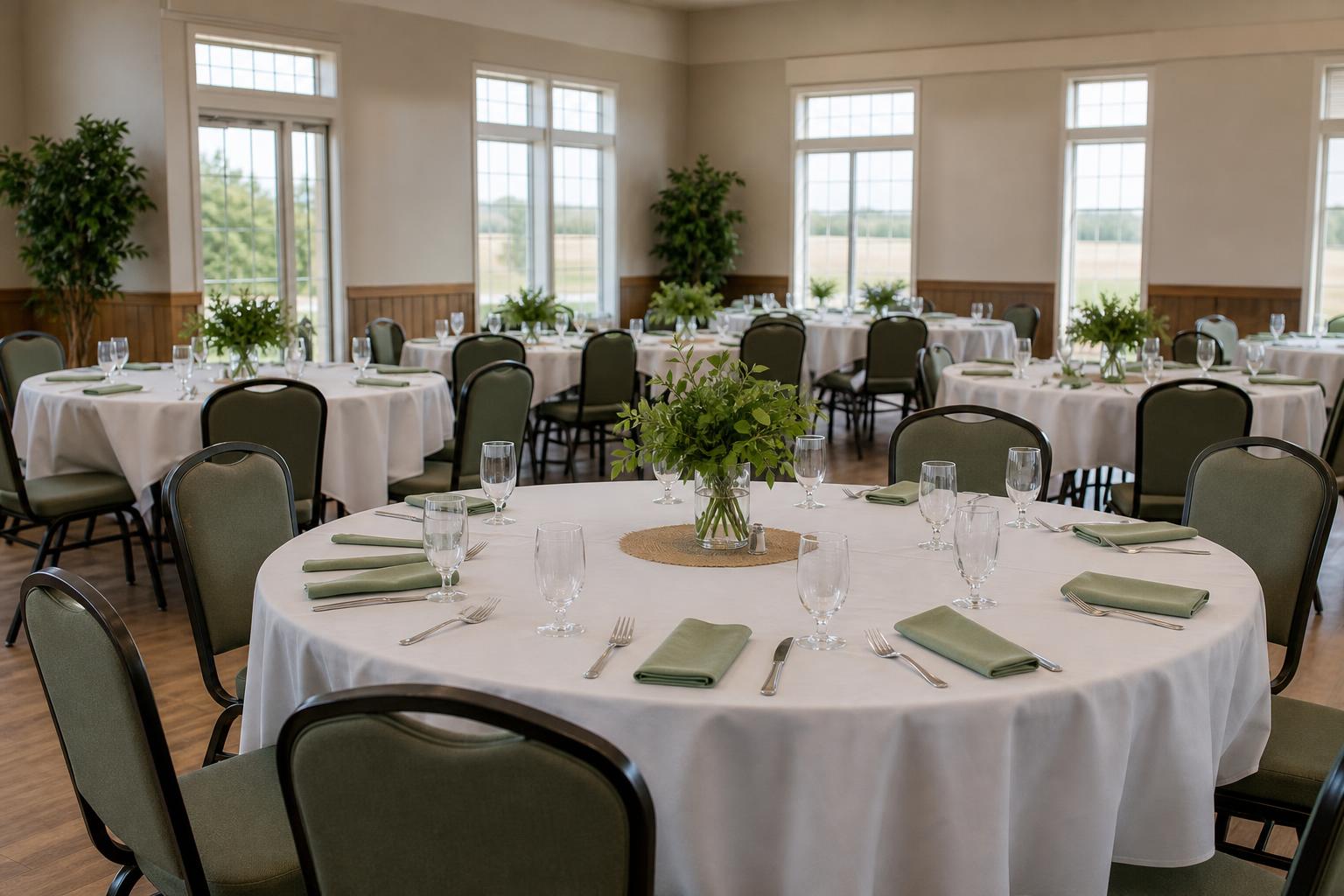 A bright hall set for a conference banquet with round tables and white tablecloths