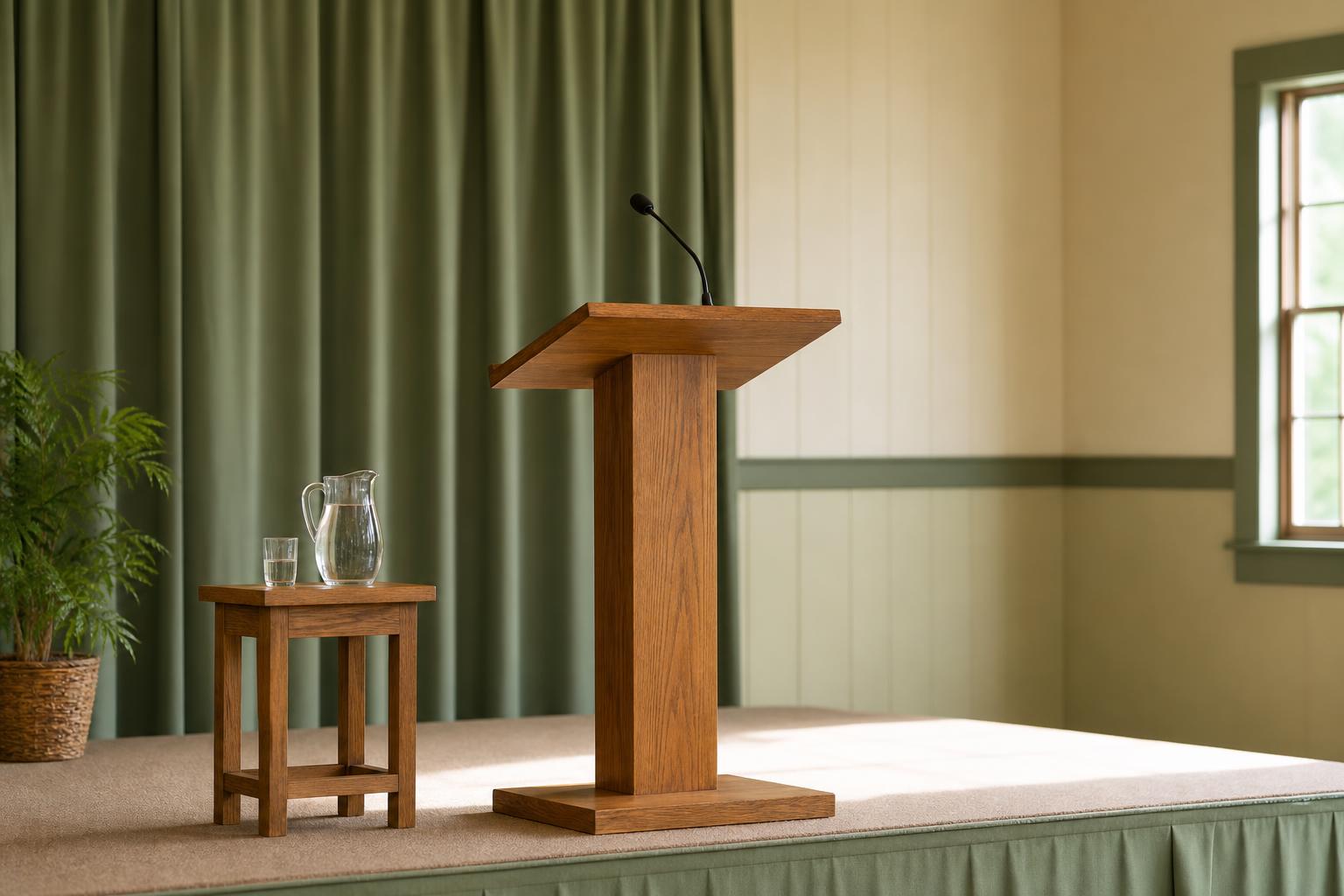 A wooden lectern with a microphone on a modest stage