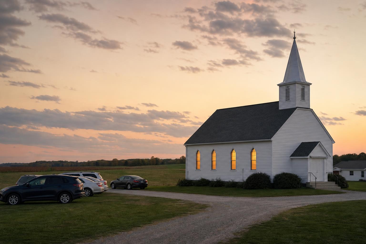 A white country church at dusk with warm light in the windows
