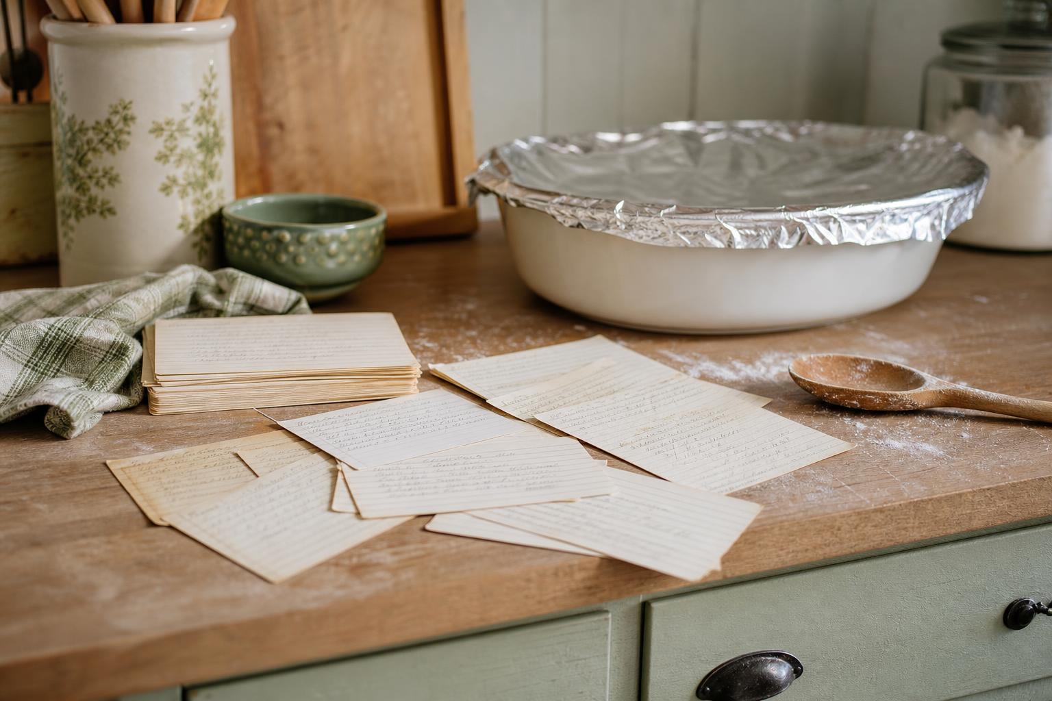 Handwritten recipe cards and a covered casserole dish on a farmhouse kitchen counter