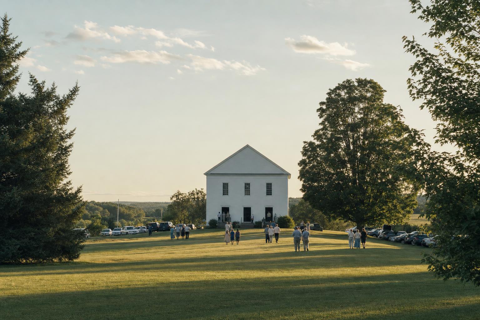 A white country meeting house on a summer evening with people visiting on the lawn