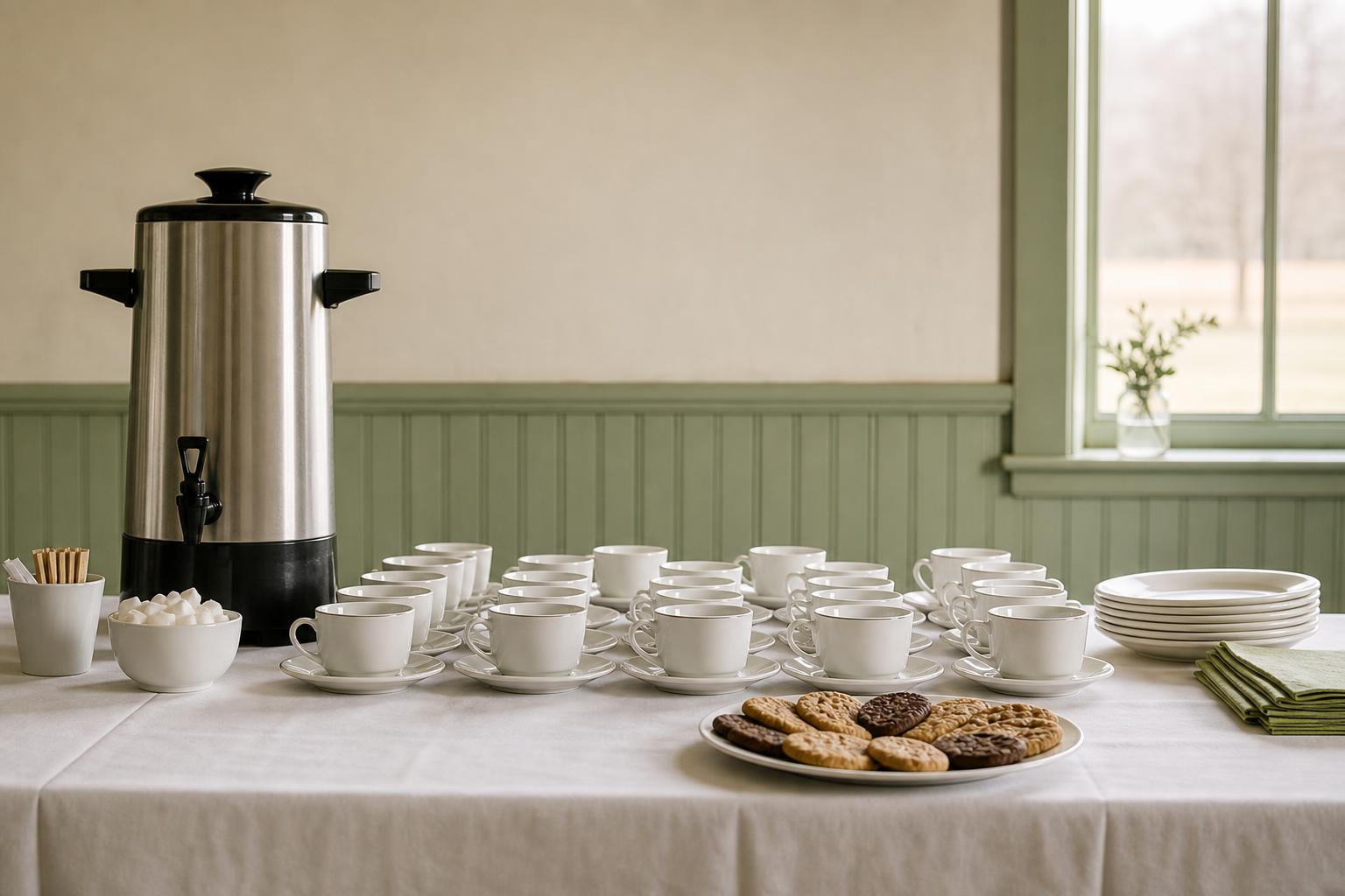 A fellowship table with a coffee percolator and rows of white cups