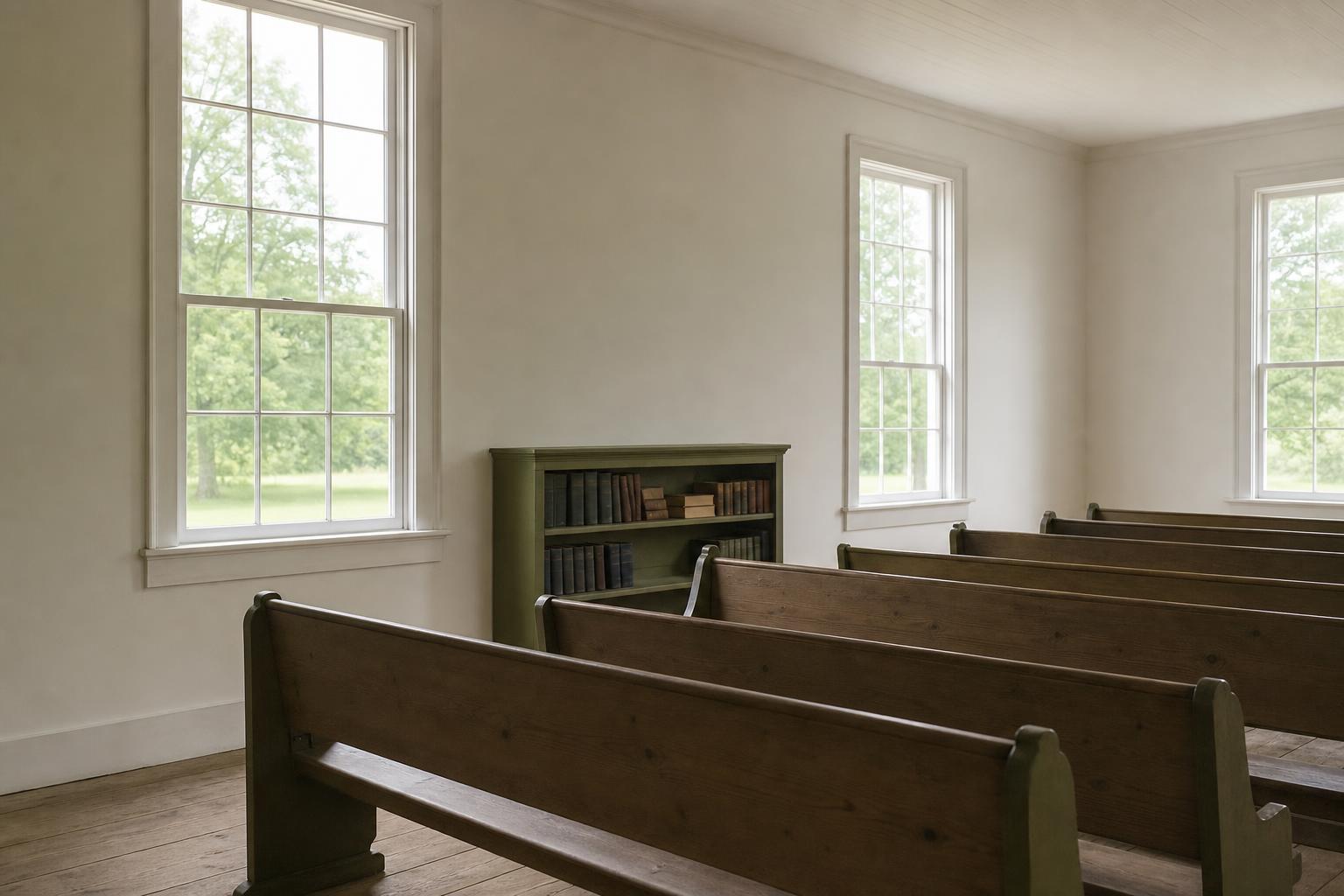 Interior of a plain white meeting house with rows of wooden benches and tall windows