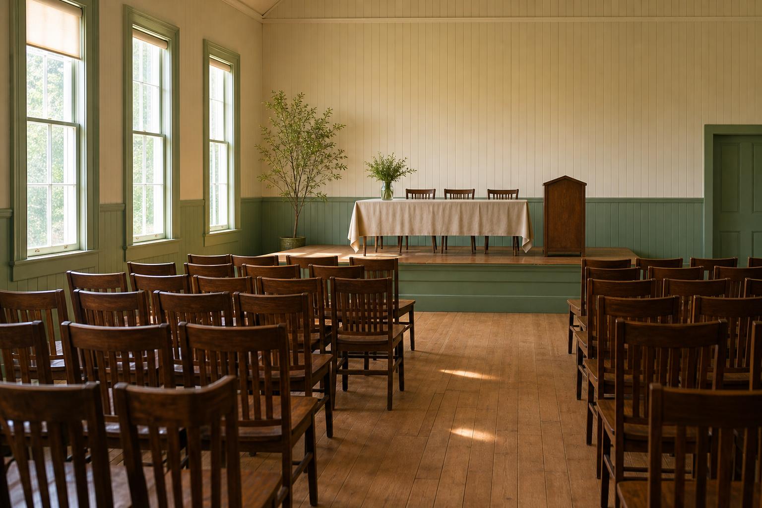 A plain meeting hall with rows of chairs set up for a school conference