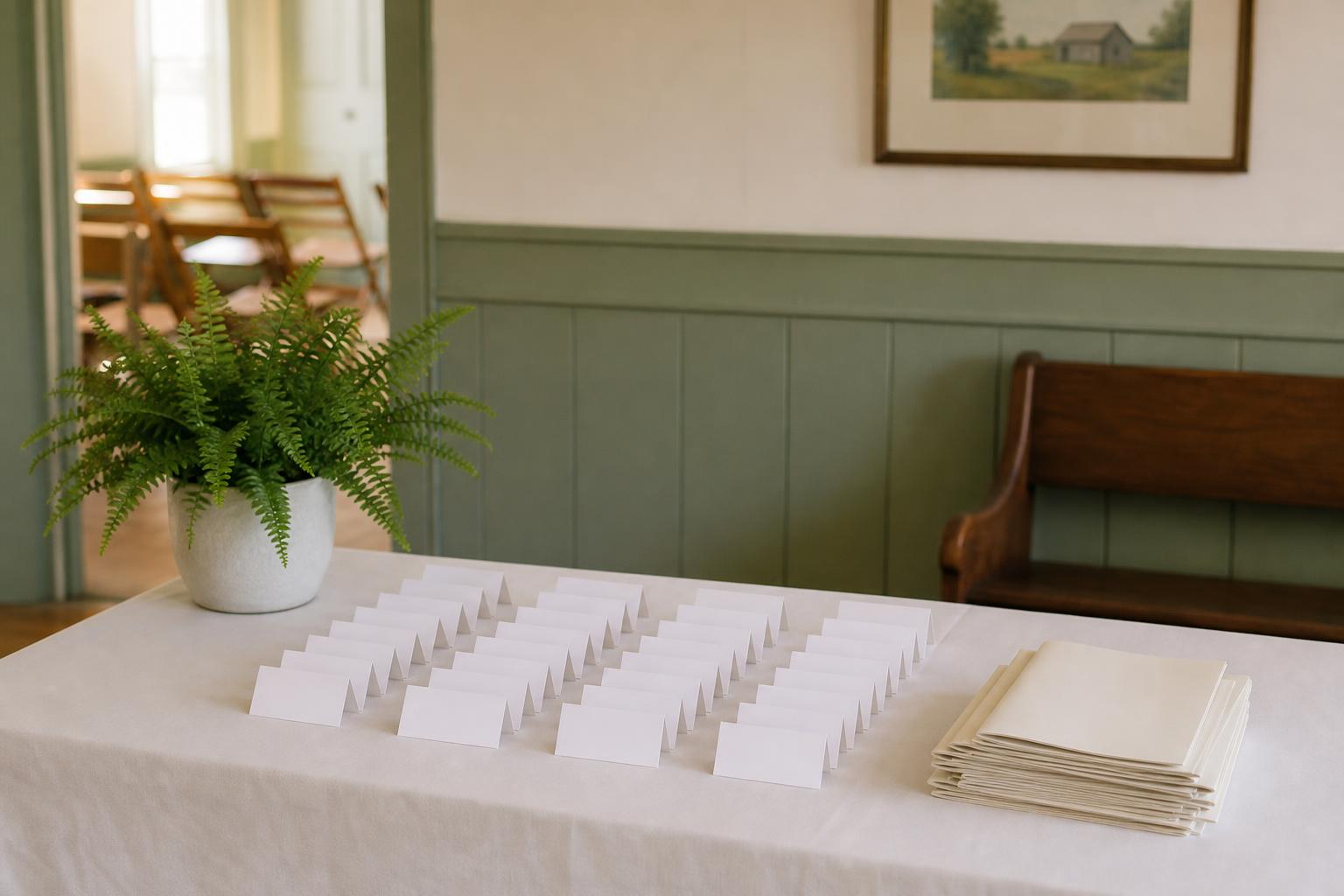 A welcome table with name tags and programs laid out in rows