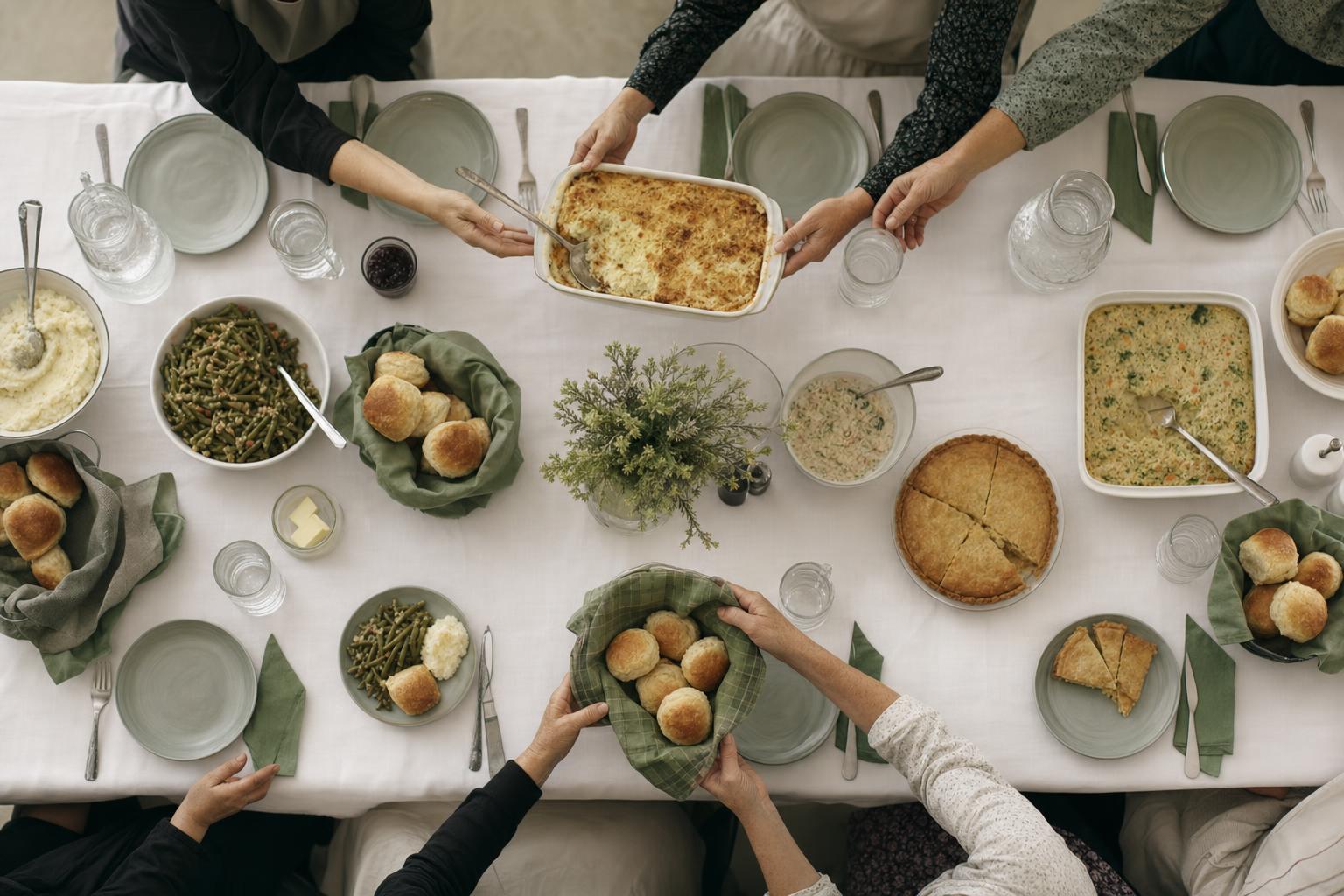 A fellowship dinner table seen from above, with dishes being passed hand to hand