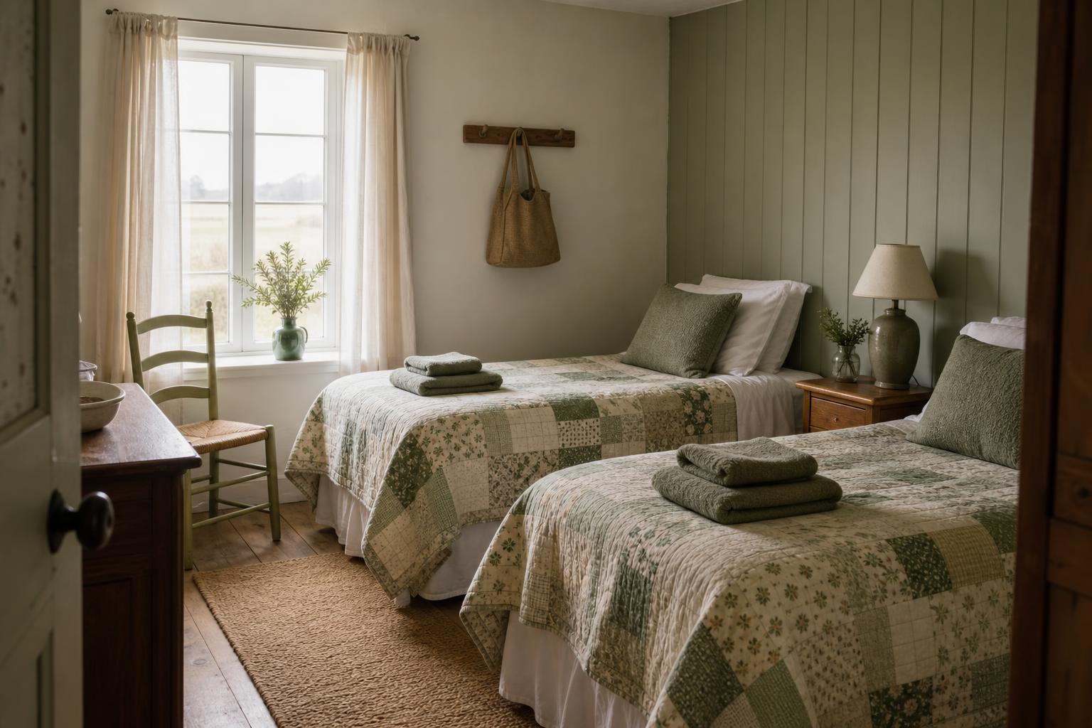A farmhouse guest bedroom with two beds under handmade quilts