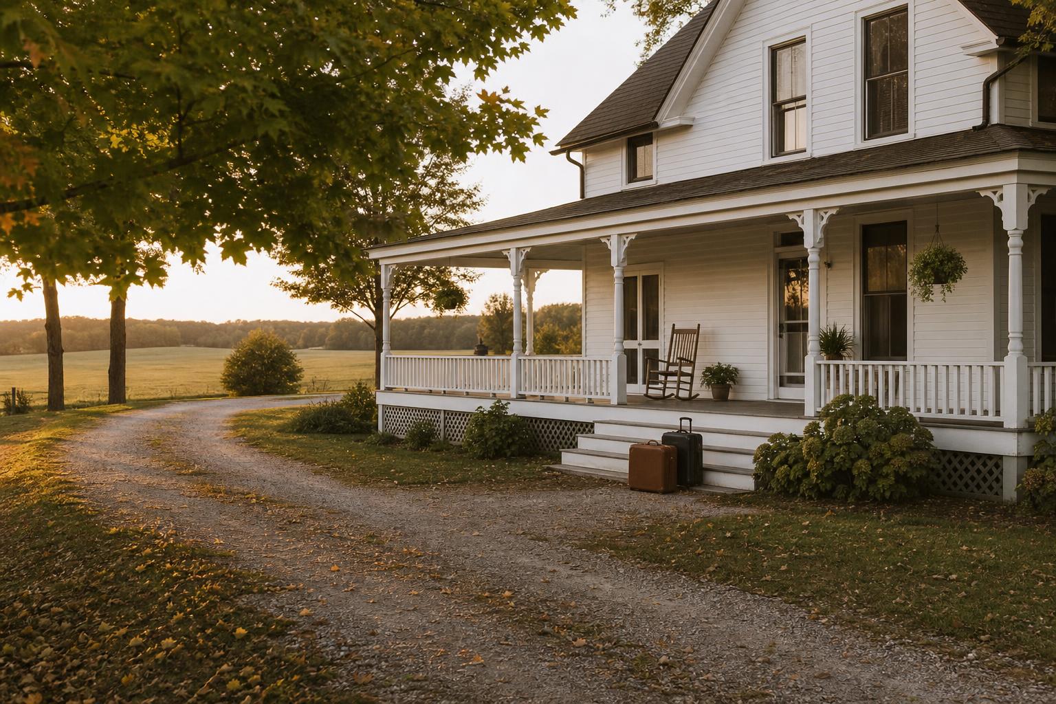 A white farmhouse with a wide porch at golden hour, suitcases waiting by the steps